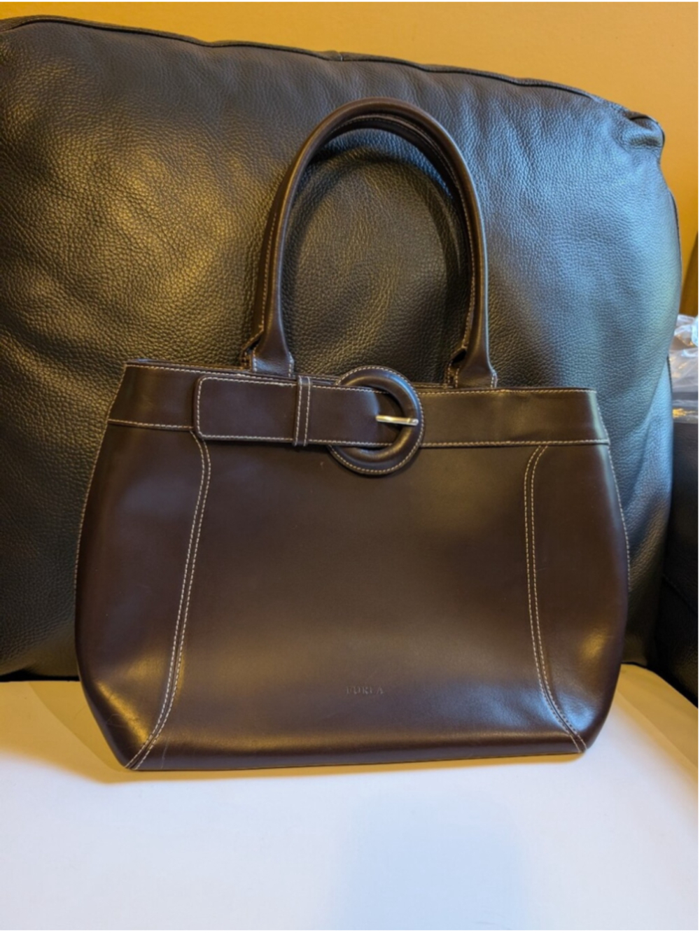 VINTAGE FURLA Dark Chocolate Brown Leather Tote Handbag Shoulder Bag Made in VGU